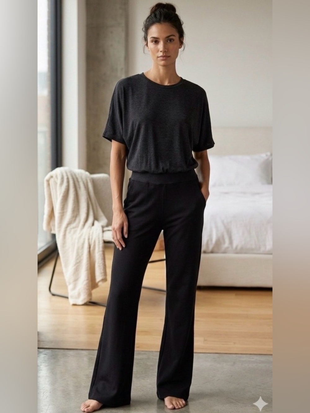 Monrow Black Short-Sleeve Tie-Waist Jumpsuit Sz Small EUC